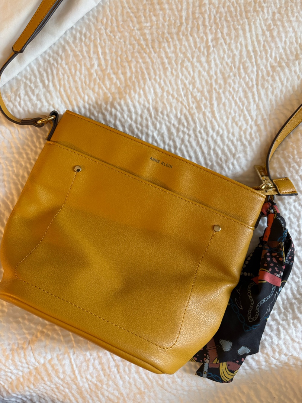 Anne Klein Mustard Yellow Shoulder Bag with Scarf Accent
